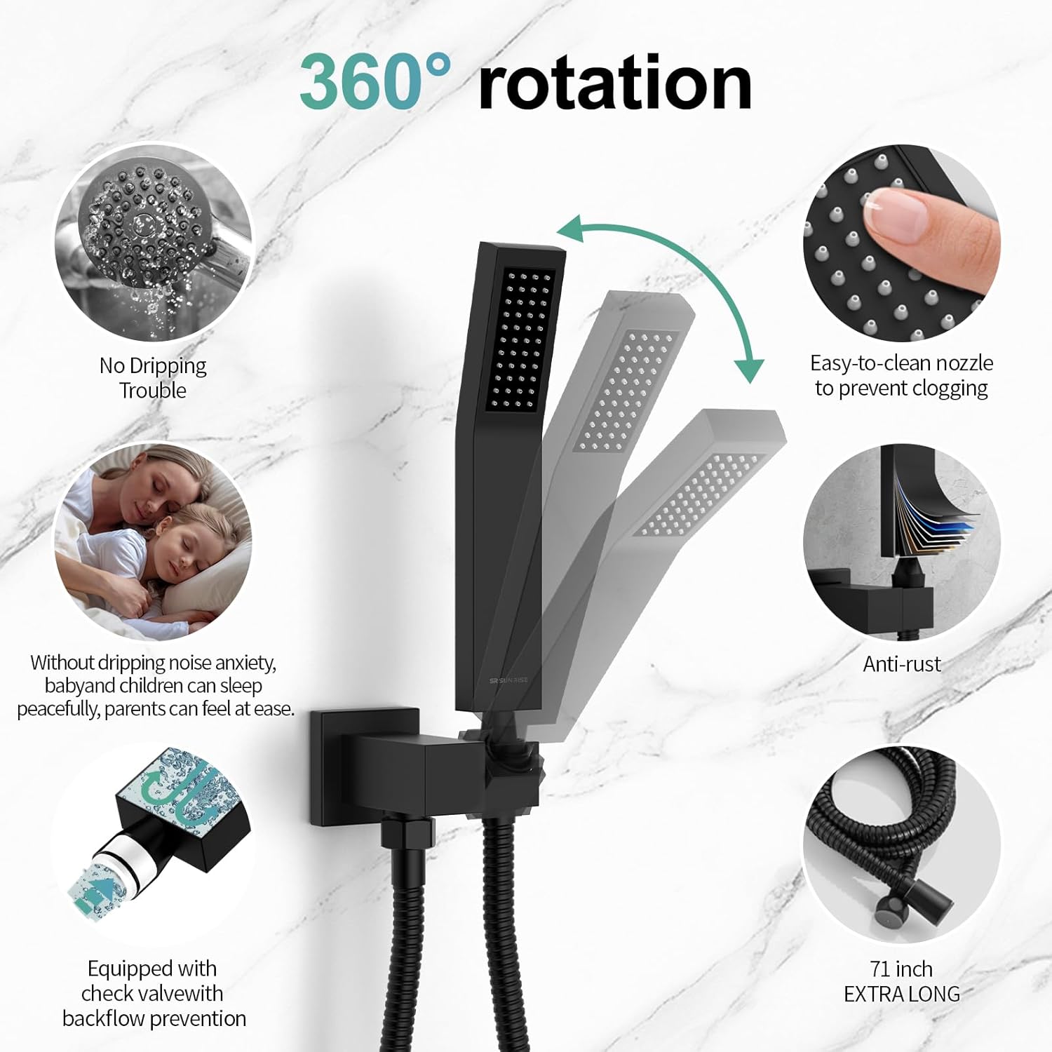 SR SUN RISE Black Square Rainfall Shower Head and Handle Set, Wall Mounted Shower Fixtures, Metal Shower Faucet Trim Repair Kits (With Shower Valve) - Image 4