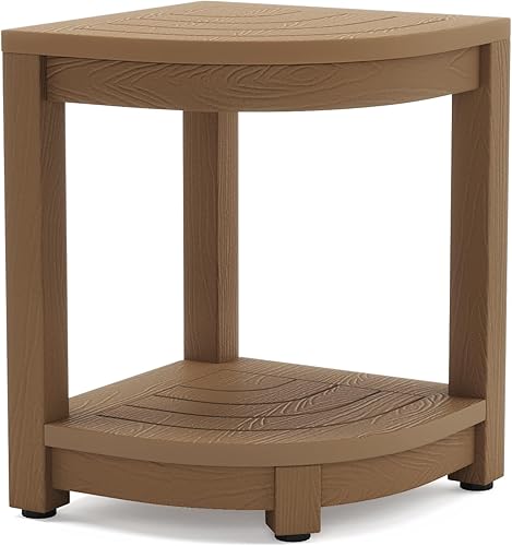 LUE BONA Banco de ducha para ducha interior, taburete de ducha de esquina HDPS marrón para afeitarse las piernas, estante de almacenamiento