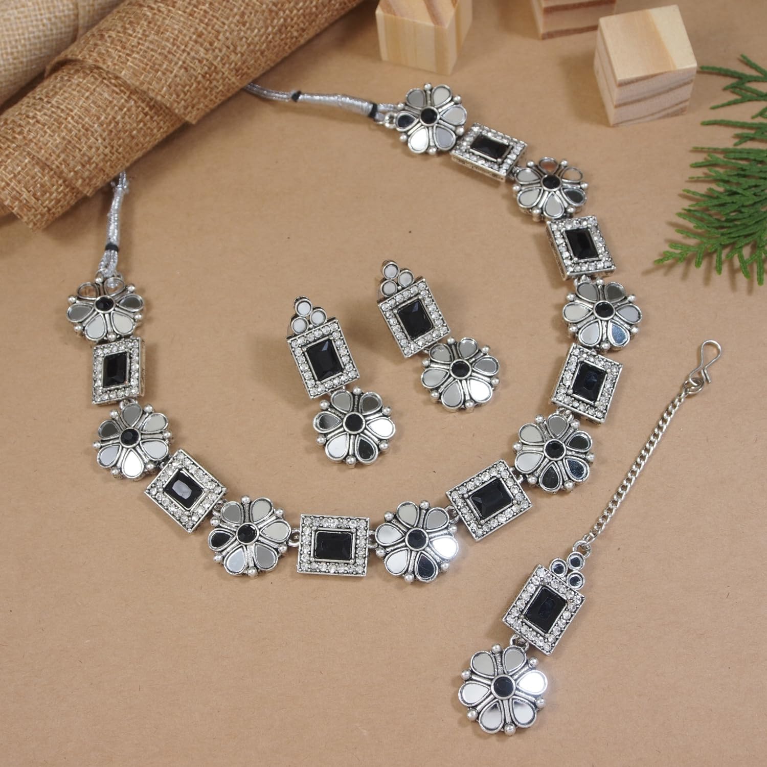 I Jewels Indian Wedding Bollywood Silver Plated Square Shaped Floral Design Necklace Jewellery Set With Earrings (MC201ZB)