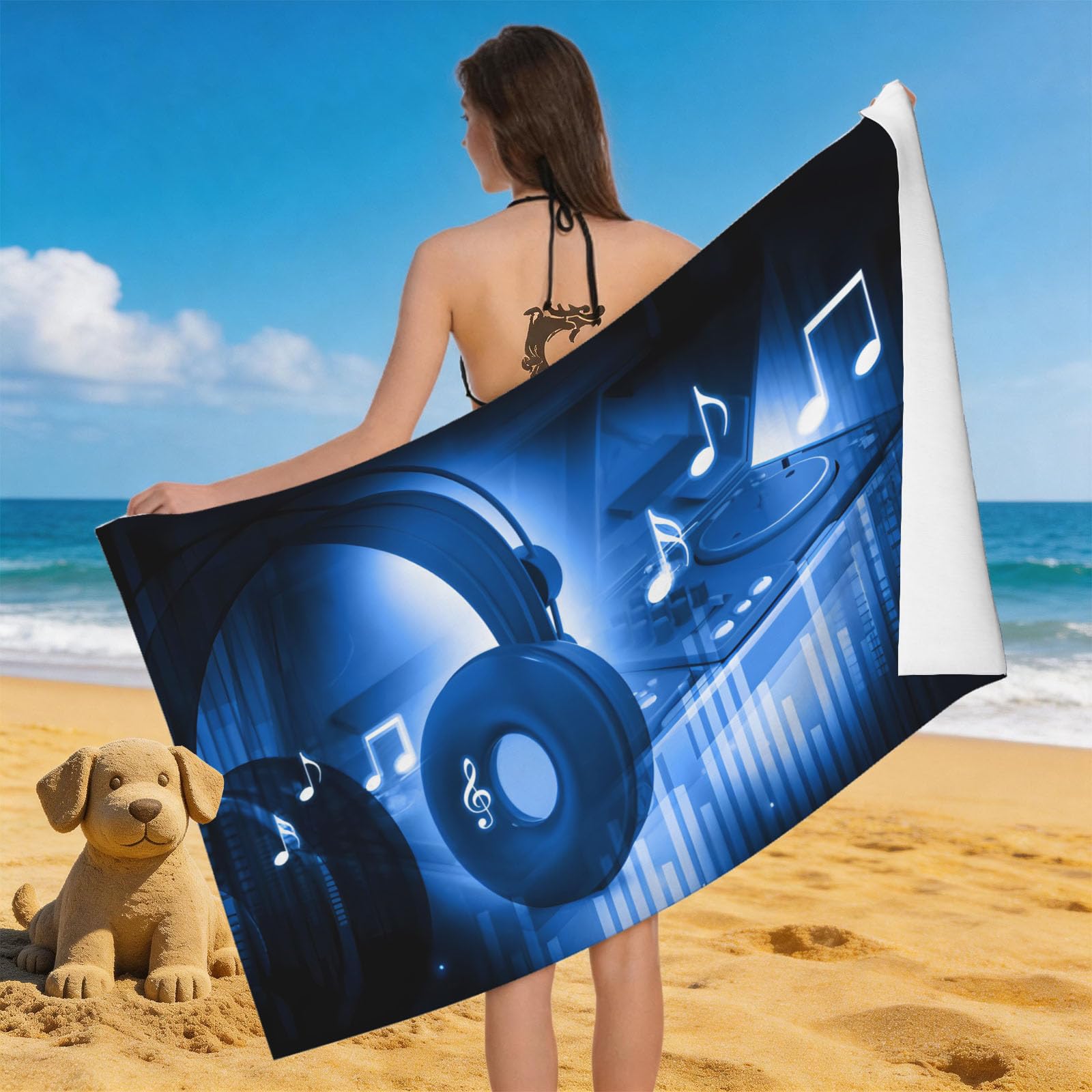 Leichong 3D Headphone Beach Towel Large Microfiber Soft Quick Dry for Adults, Music Theme Bath Towel Lightweight Soft Absorbent for Travel Swimming Pool Sports, 80 x 160 cm