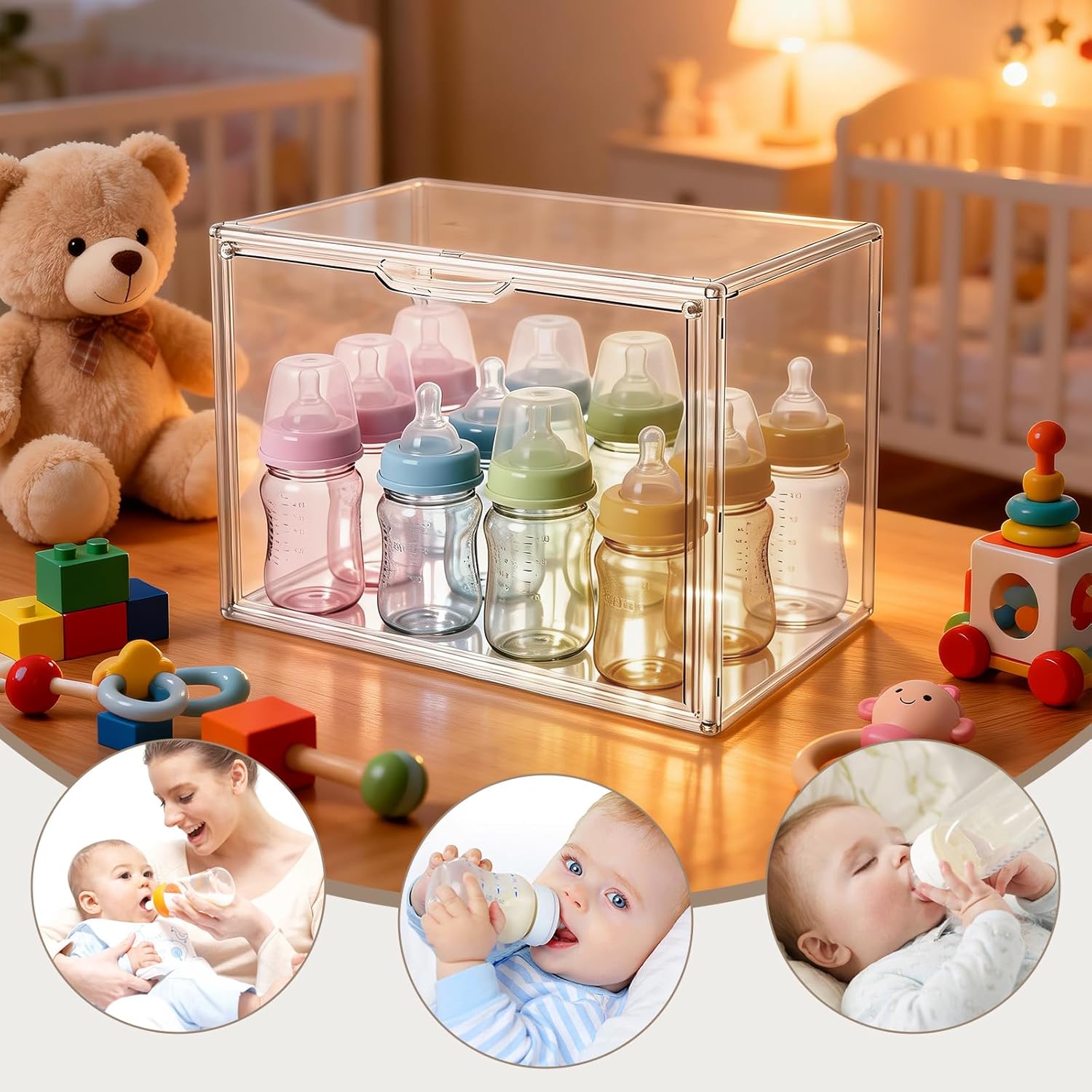 Baby Bottle Organizer with Magnetic Door for Cabinet – Stackable Clear Organizer Nursery Storage Bin for Baby Bottles, Pacifiers, Pump Parts