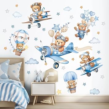 wondever Airplane Animals Bears Wall Decals Hot Air Balloon Wall Stickers