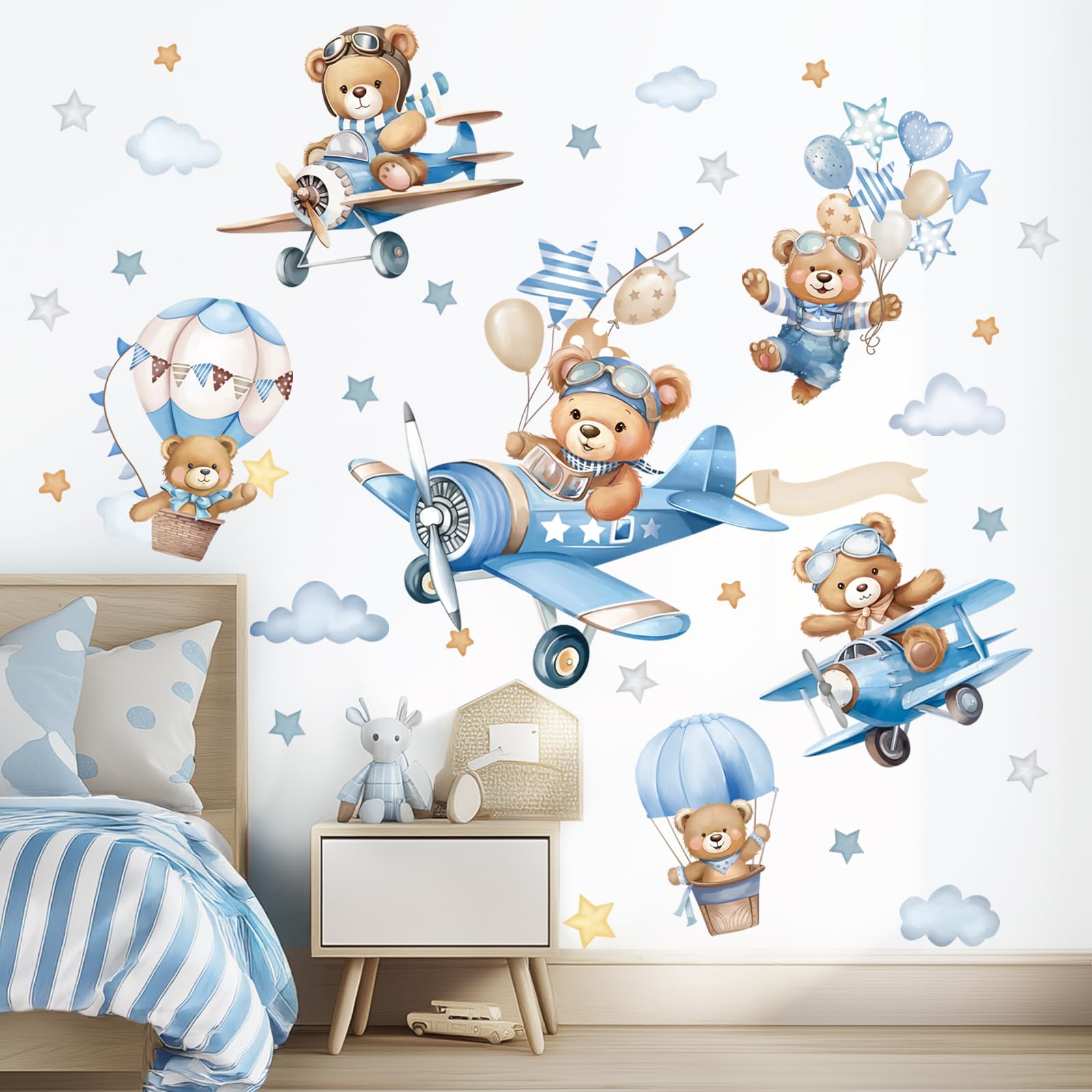 wondever Airplane Animals Bears Wall Stickers Hot Air Balloon Bears Cloud Peel and Stick Wall Art Decals for Baby Nursery Kids Bedroom Toddler Room
