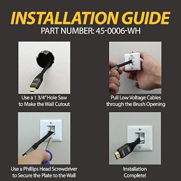 DATA COMM Hole Saw Brush Wall Plate Cable Pass Through, 2x2 Inch In-Wall Cord Management, Low Profile Recessed, Hiding Low Voltage TV Wires, Speaker & HDMI Cables, 2.01 L x 1.58 W x 2.01 H, Black
