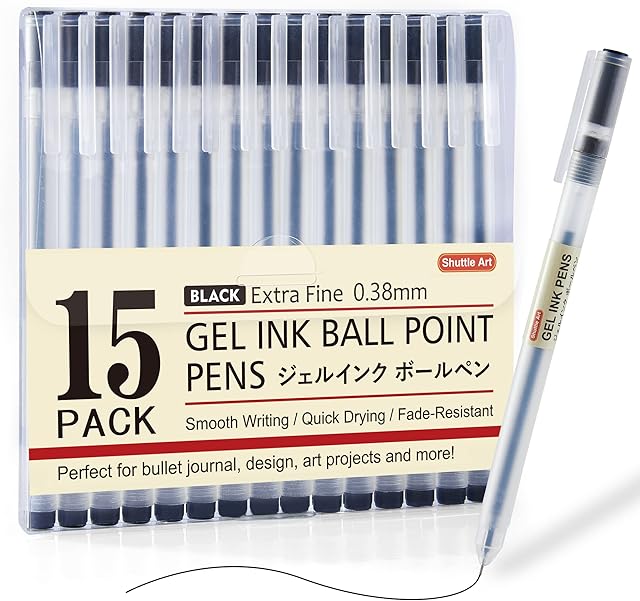 Shuttle Art 15 Black Gel Ink Pens, 0.38mm Extra Fine Point Ballpoint Pens, Japanese Style Gel Pens for Writing and Journaling, Japanese Stationery for Home, School, Office Supplies