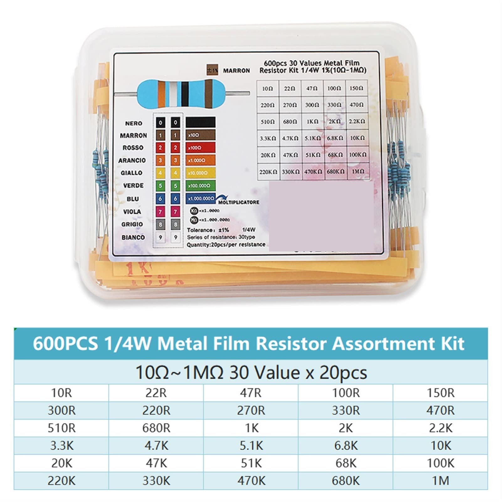 600 pz/Lotto 1/4 W 0.25 W Resistore Pacchetto Assortiti Scatola Fai da Te Resistori A Film Metallico Kit 30 Valori X20 pz Resistenza