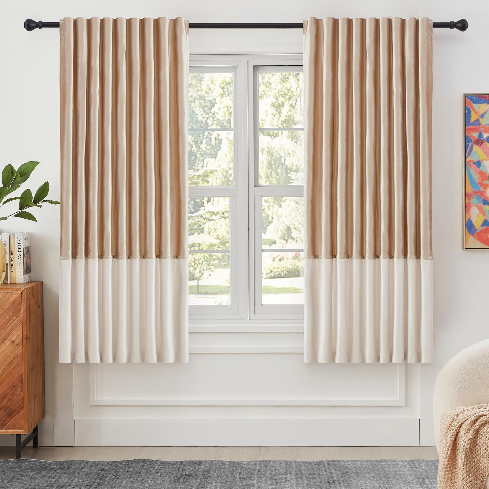 Luxury Velvet Living Room Curtains 72 inch,Champagne Ivory Color Block
