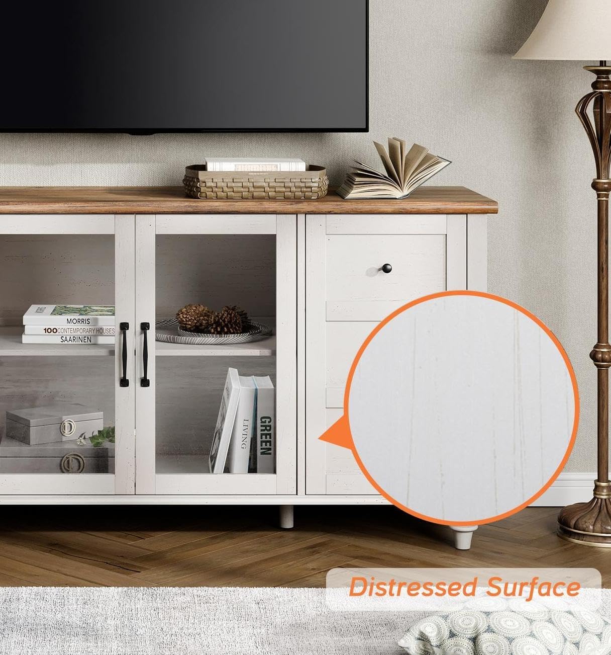 WAMPAT Sideboard Buffet Cabinets with Glass Door, Kitchen Storage Cabinets, Wood Coffee Bar Tables, Accent Sideboard Storage Cabinet Table Dining Room, Living Room, Off White