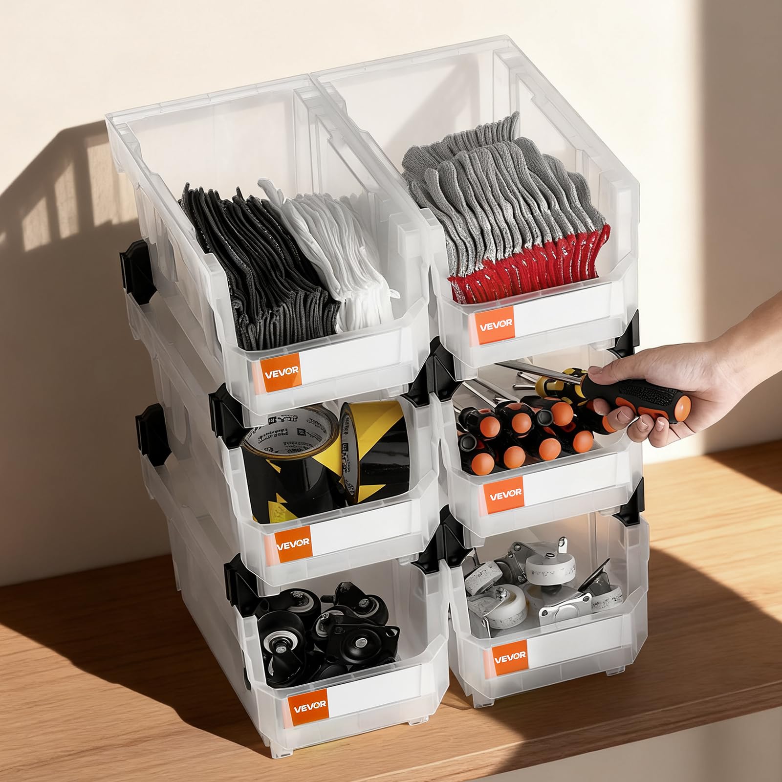 VEVOR Contenitori Impilabili in Plastica, 377 x 215 x 180 mm, 6 Pezzi, Contenitori in Plastica per Organizzare Oggetti in Armadio, Piccole Parti, Forniture per Ufficio, Altri Accessori, Trasparenti