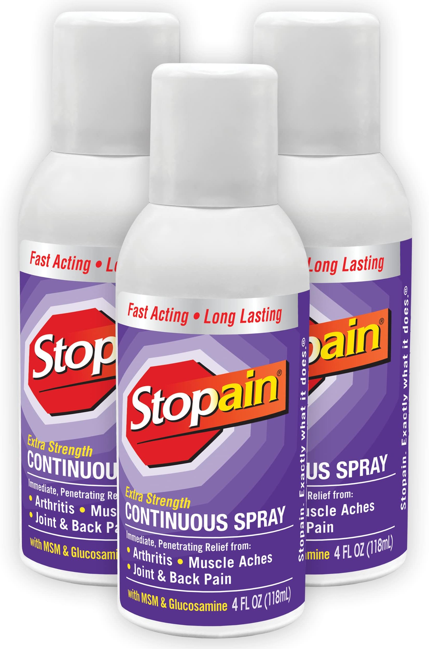 Stopain Pain Relief Spray, 4oz (3 Pack) USA Made, Max Strength Fast Acting with MSM, Glucosamine, Menthol for Arthritis, Lower Back, Knee, Neck, HSA FSA Approved Topical Analgesic Products