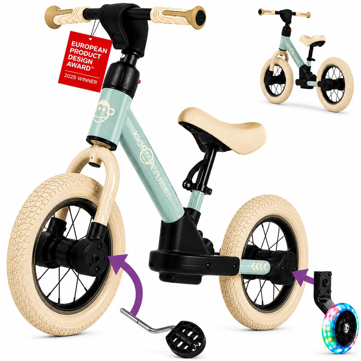Kidcruiser Pedalplay laufrad ab 2 Jahre, ideal zum Radfahren Lernen, 3‑in‑1 mit LED Stützrädern & Pedalen, besonders robustem Modulrahmen