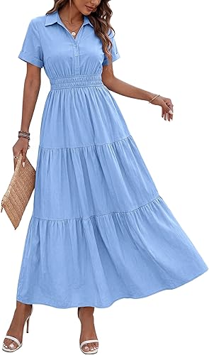 Wedding Guest Dresses for Women Beach Fashion Casual Short Sleeve V Neck Solid Spring Summer Boho Maxi Dress