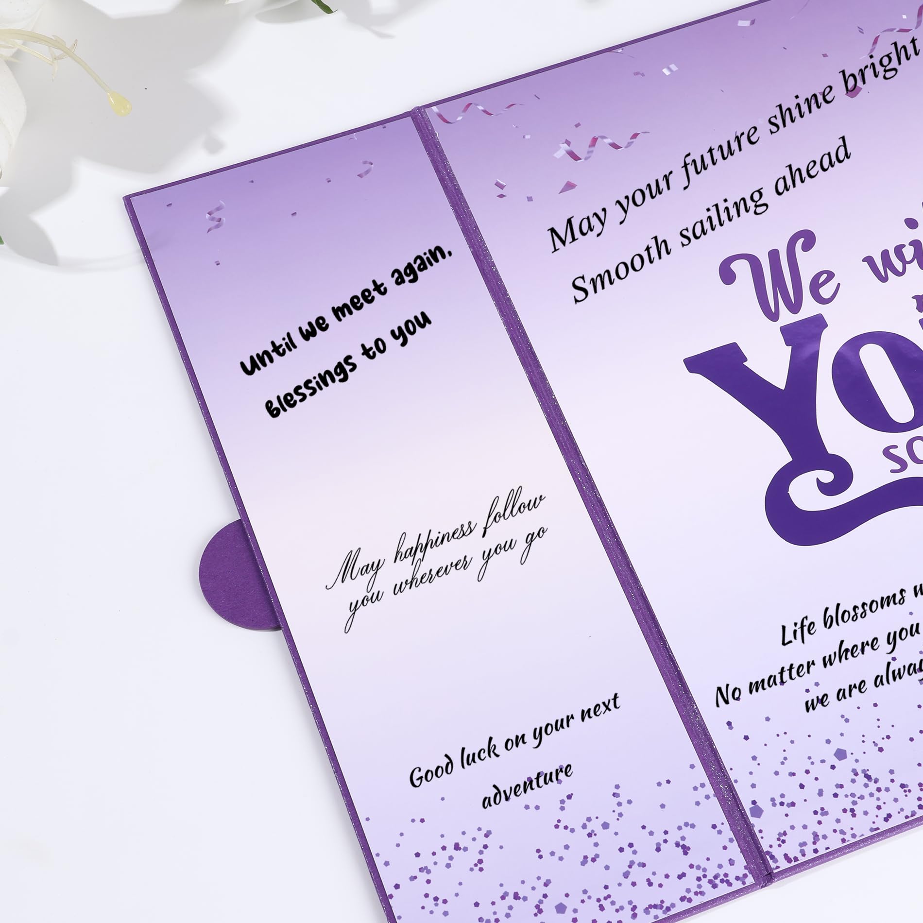 Traumhafte violette Abschiedskarte "We Will Miss You", Dekorationen, Abschiedsparty-Dekorationen, große signierbare Abschiedskarte, alternative Abschiedsgeschenke für Kollegen, Ausgehen