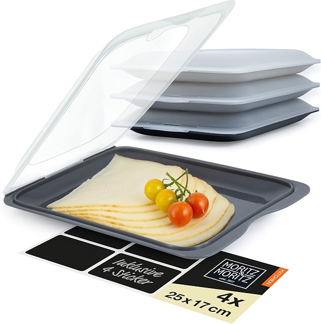 Moritz & Moritz 4-piece cold meat storage containers, stackable set  airtight cooked meat storage containers with lids for storing cold meats, cheese etc.  incl. stickers for labelling