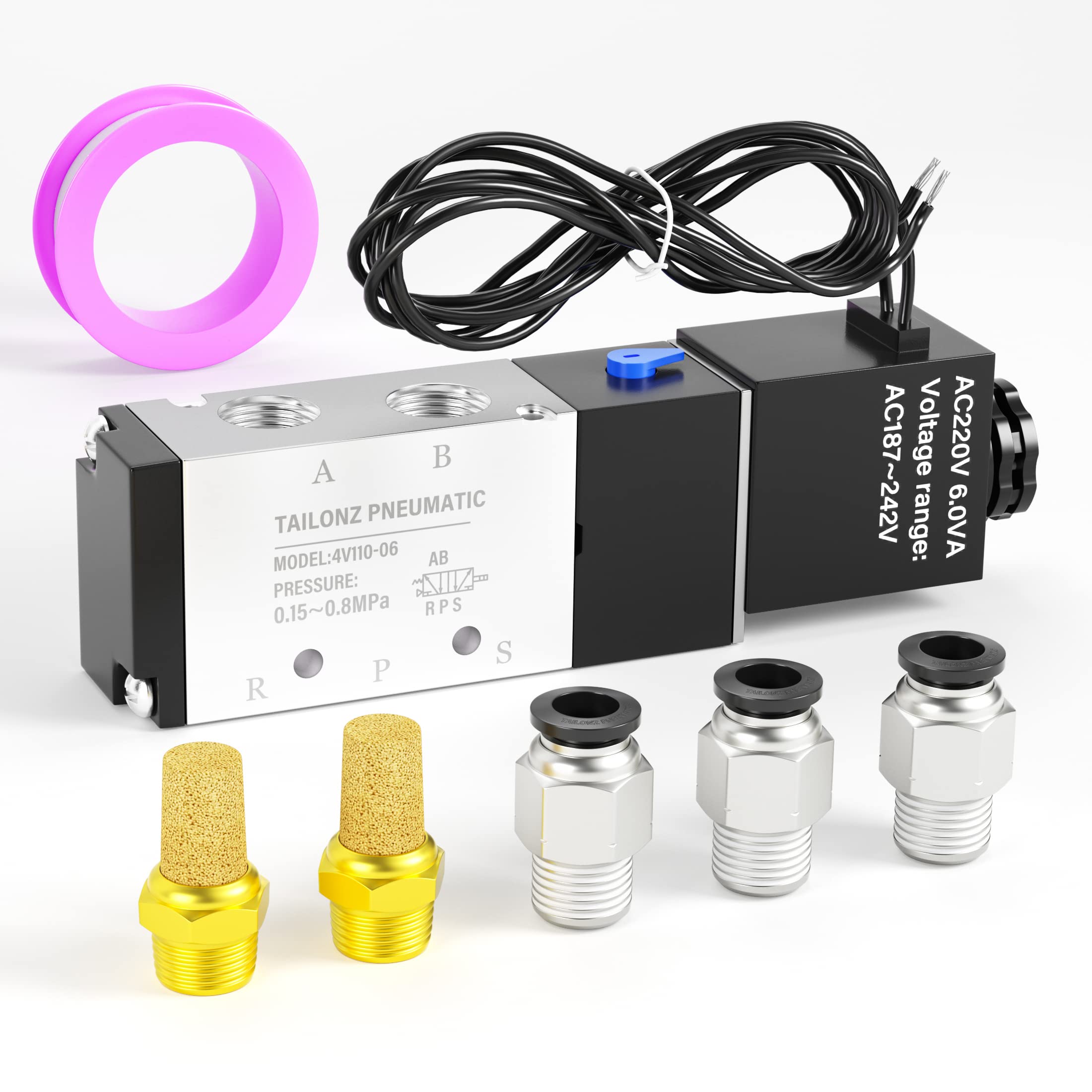 TAILONZ 1/8"NPT AC220V Solenoid Valve 2Position 5Way Outlet wire 4V110-06