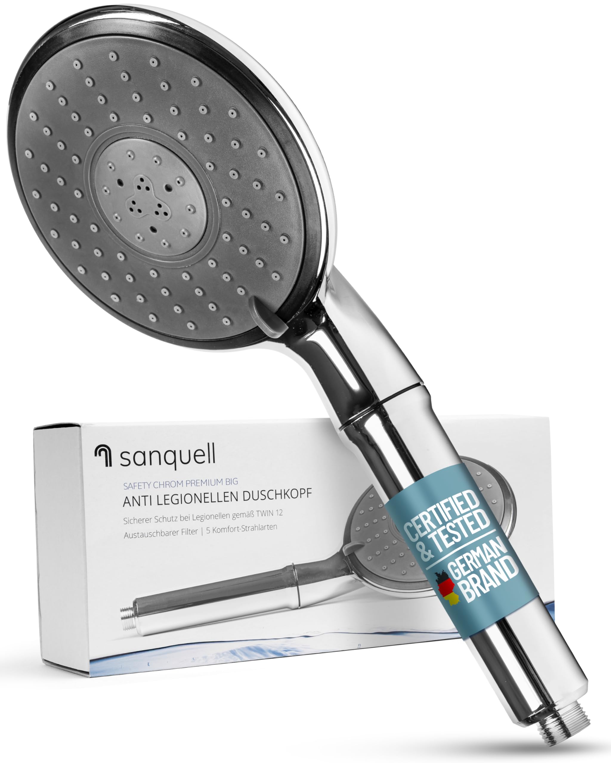 Anti-Legionella Shower Head Safety Chrom Premium, Certified Long-Term Protection Against legionella, 1/2 inch Connection, Medical Technology, 6000 Liter