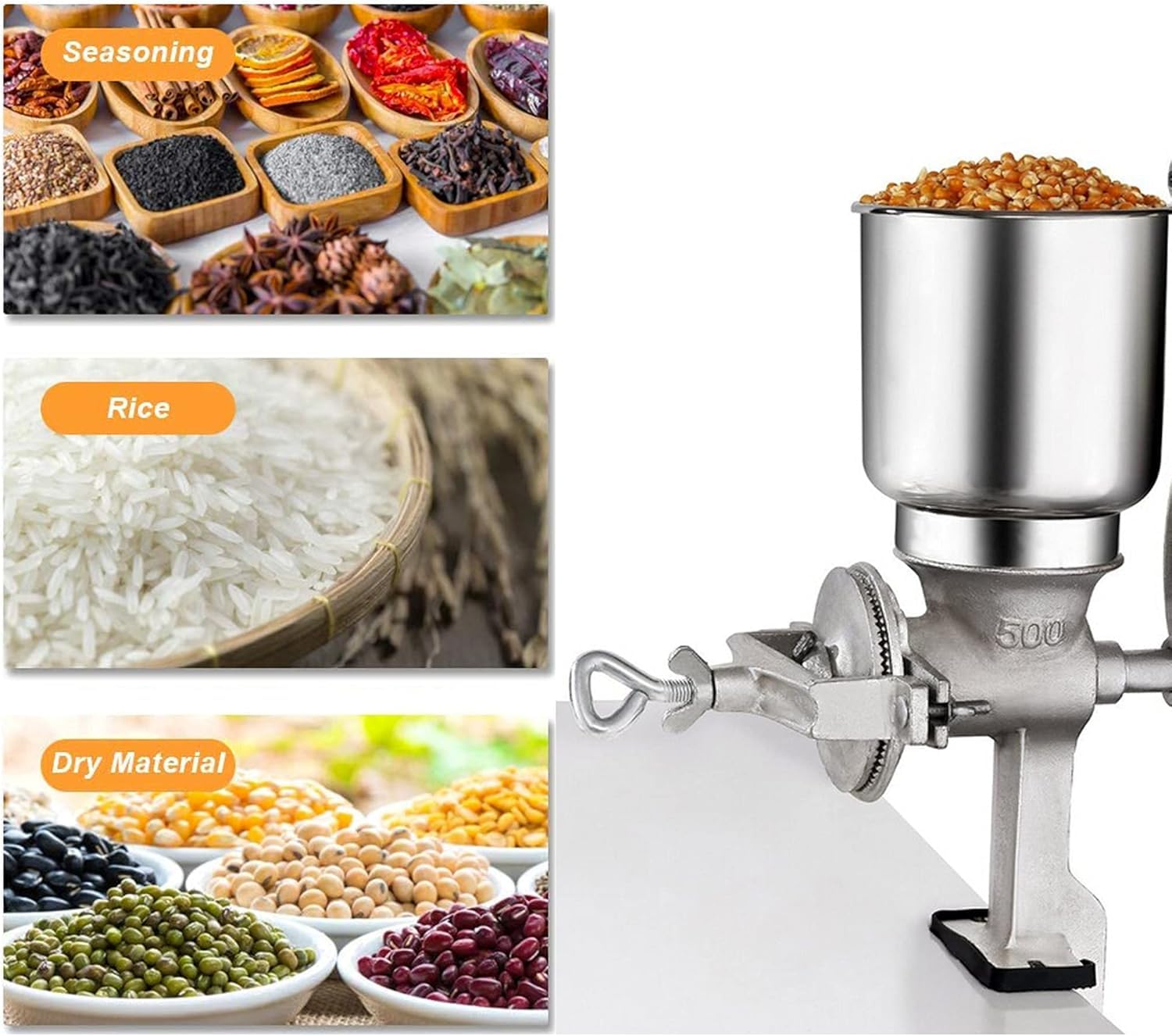 Macinacaffè manuale, grande tramoggia da 13 cm, macinino regolabile in ghisa per grano, mais, caffè, noci, semi, cucina e uso domestico