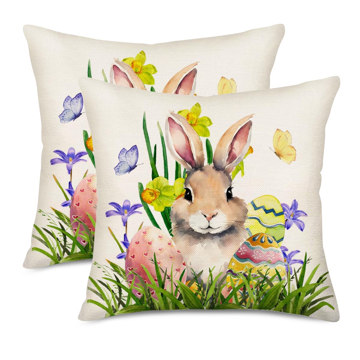 Easternproject Happy Easter Pillow Covers 22x22 Inch Set of 2 Rabbit Bunny Butterfly Egg Floral Lawn Spring Farmhouse Decoration Throw Pillow Cases