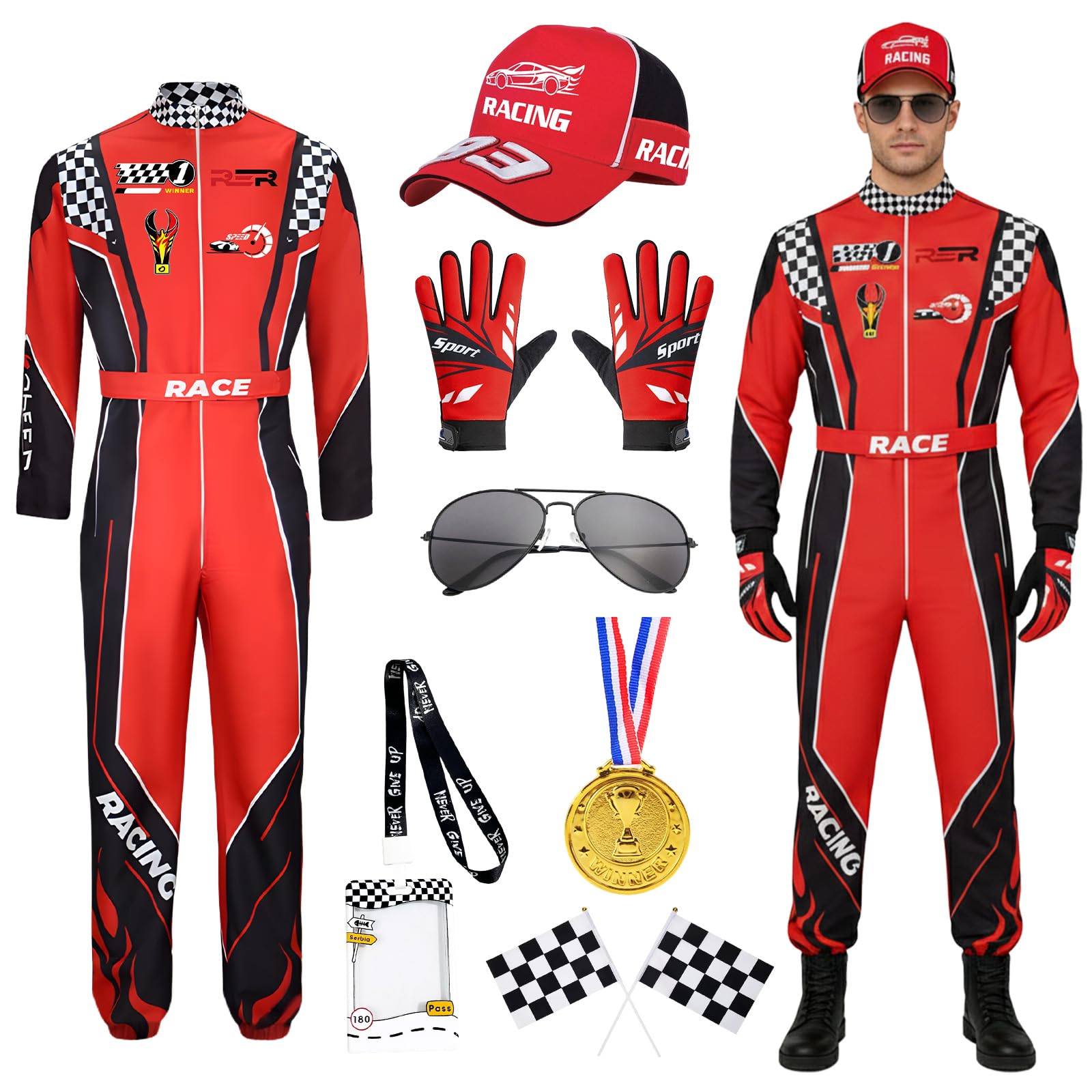 Disfraz de Piloto de Carreras para Hombre, Mono de Carreras para Adultos con Guantes Gafas Sombrero, Bandera a Cuadros Disfraz de Corredor de Línea para Halloween Carnaval Fiesta Cosplay