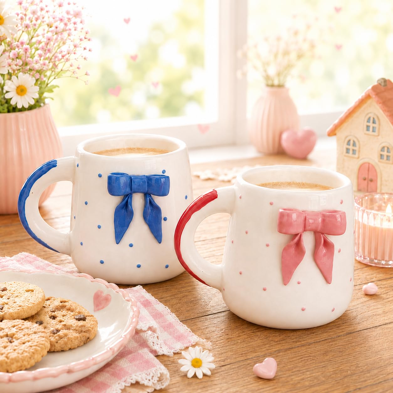 ceramic coffee mug set of 2 with 3d bow & polka dot design 350 ml, coffee mugs set of 2, cute coffee mugs for tea, milk & latte, birthday, anniversary & housewarming gift, cream blue & pink