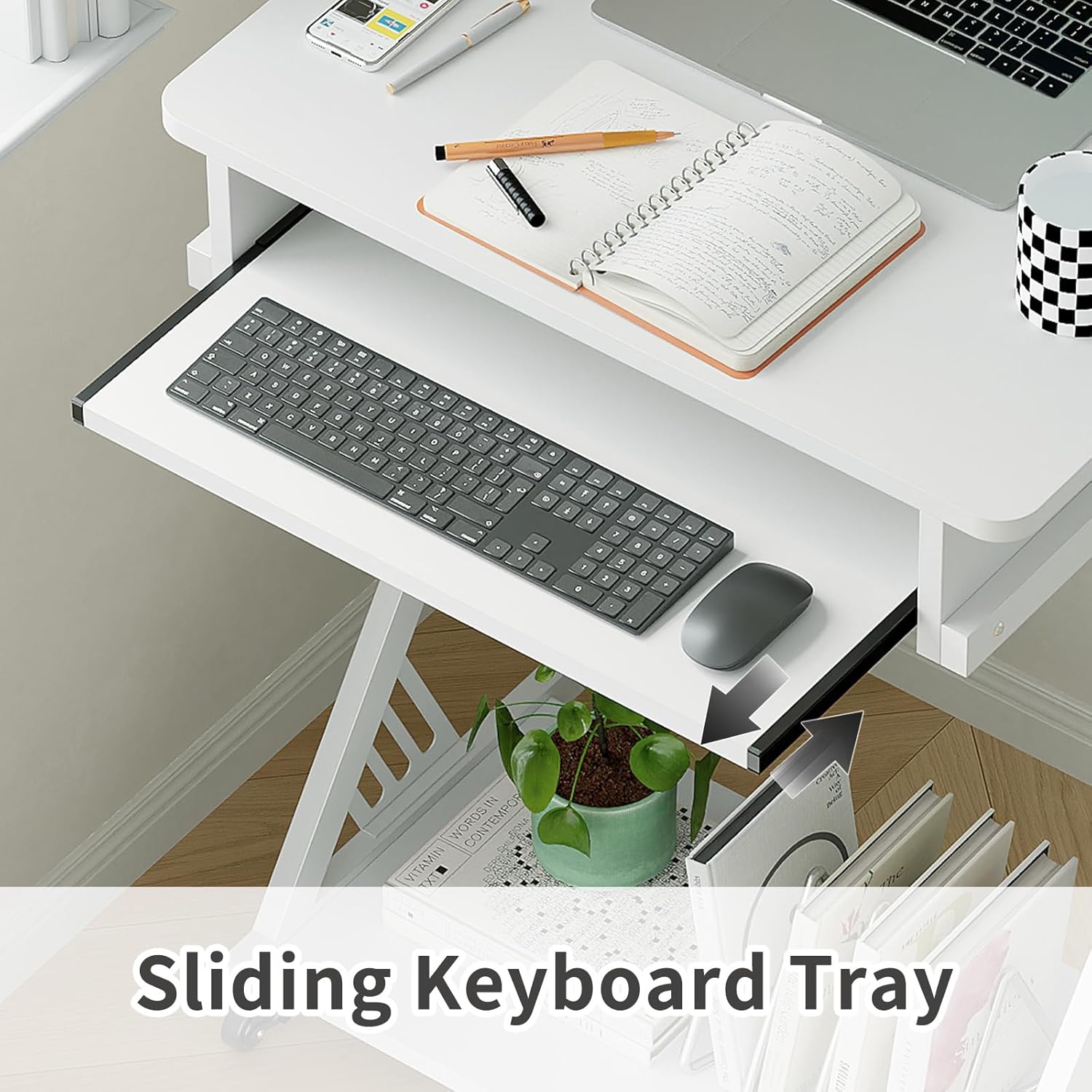 ALISENED 2 Tier Computer Desk with Keyboard Tray, 23.6" Home Office Desk Computer Workstation Rolling Study PC Laptop Table for Small Spaces,Z-Shaped Small Compact Study Table,White