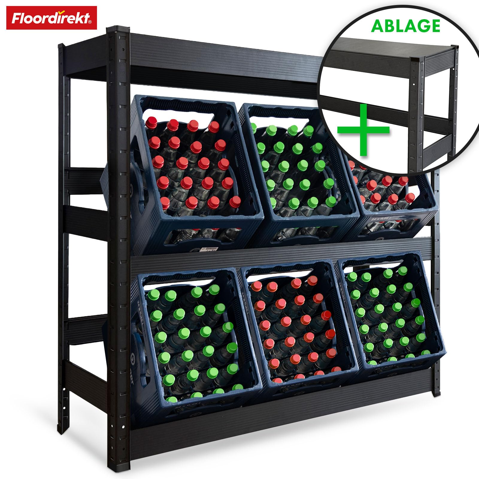 Floordirekt Getränkekistenregal mit Ablage für 6 Kisten - 110 x 110 x 30 cm - Getränkeregal, Kastenregal für Getränkekisten, Flaschenregal, Kastenständer - Regal für Getränkekästen (Osaka)