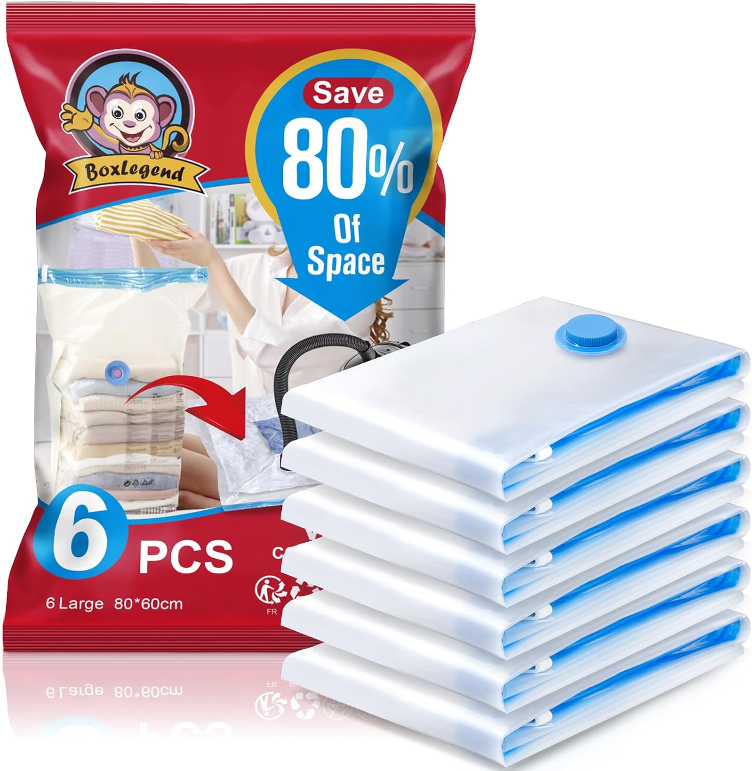 BoxLegend Vacuum Storage Bags Space Saving Bags 6 Pieces 80x60cm Premium Ultra Strong, Anti-Leak & Reusable for Clothes, Bedding & Duvets, Suitable for Camping, business Trip, Home Storage