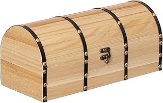 Vintiquewise Unfinished Vintage-Style Wooden Treasure Chest Dome Top Leather Bands Antique Brass Studs & Locking Latch Decorative Storage Box for Home Display Pirate -Themed Decor or Functional Use