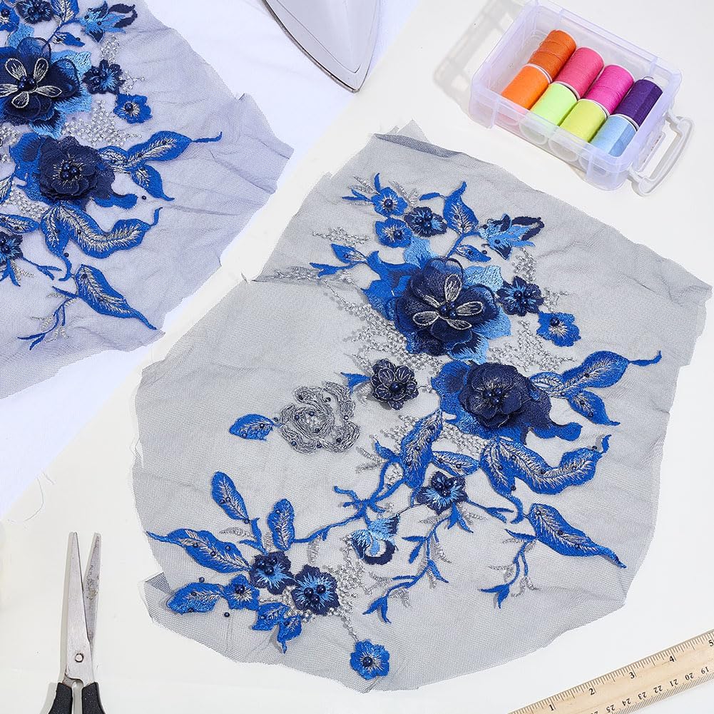 2PCS 3D Embroidered Flower Fabric Beaded Lace Applique Blue Cloth Appliques Sew On Patches Handmade Sewing Tool for Wedding Bridal Dress DIY Crafts Clothing Accessories