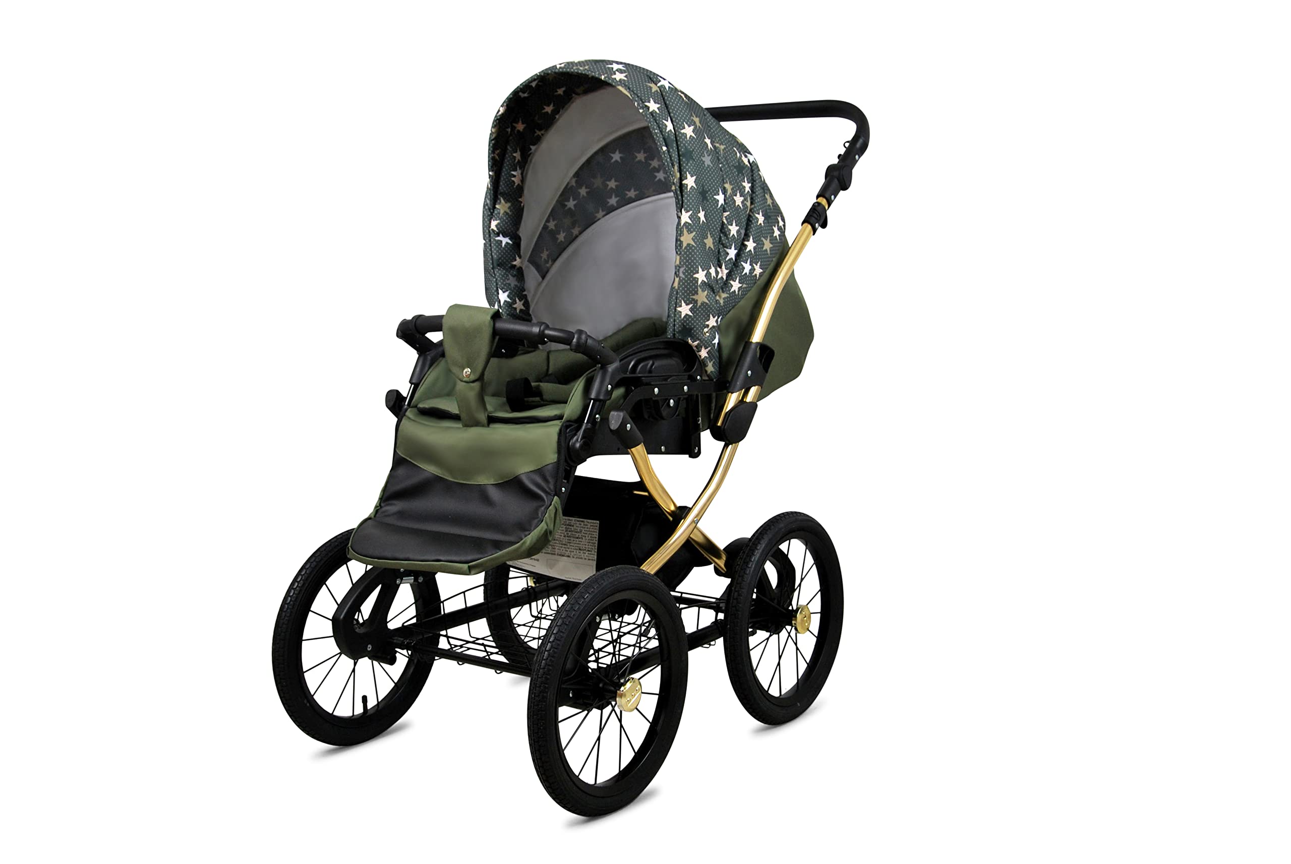 BabyLux Wózek 4w1 z Fotelikiem Samochodowym dla Maluchów – Wózek dla Noworodka i Malucha –– Wózek dla Noworodka – Baza ISOFIX do Auta – Max 15kg – Olive Star Gold Frame