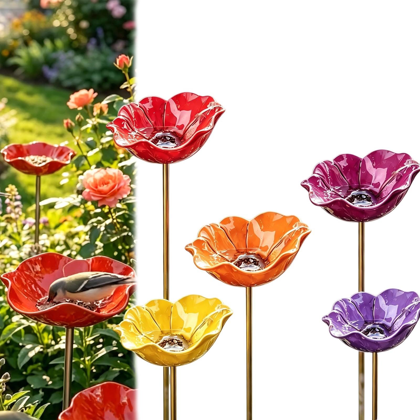 Bee Bath For Garden, Handmade Metal Flower Garden Stake, Rain Catcher Bird Bath Bowls, Colourful Butterfly & Bee Water Feeder, for Yard, Lawn & Patio Decor (Mix-5B)