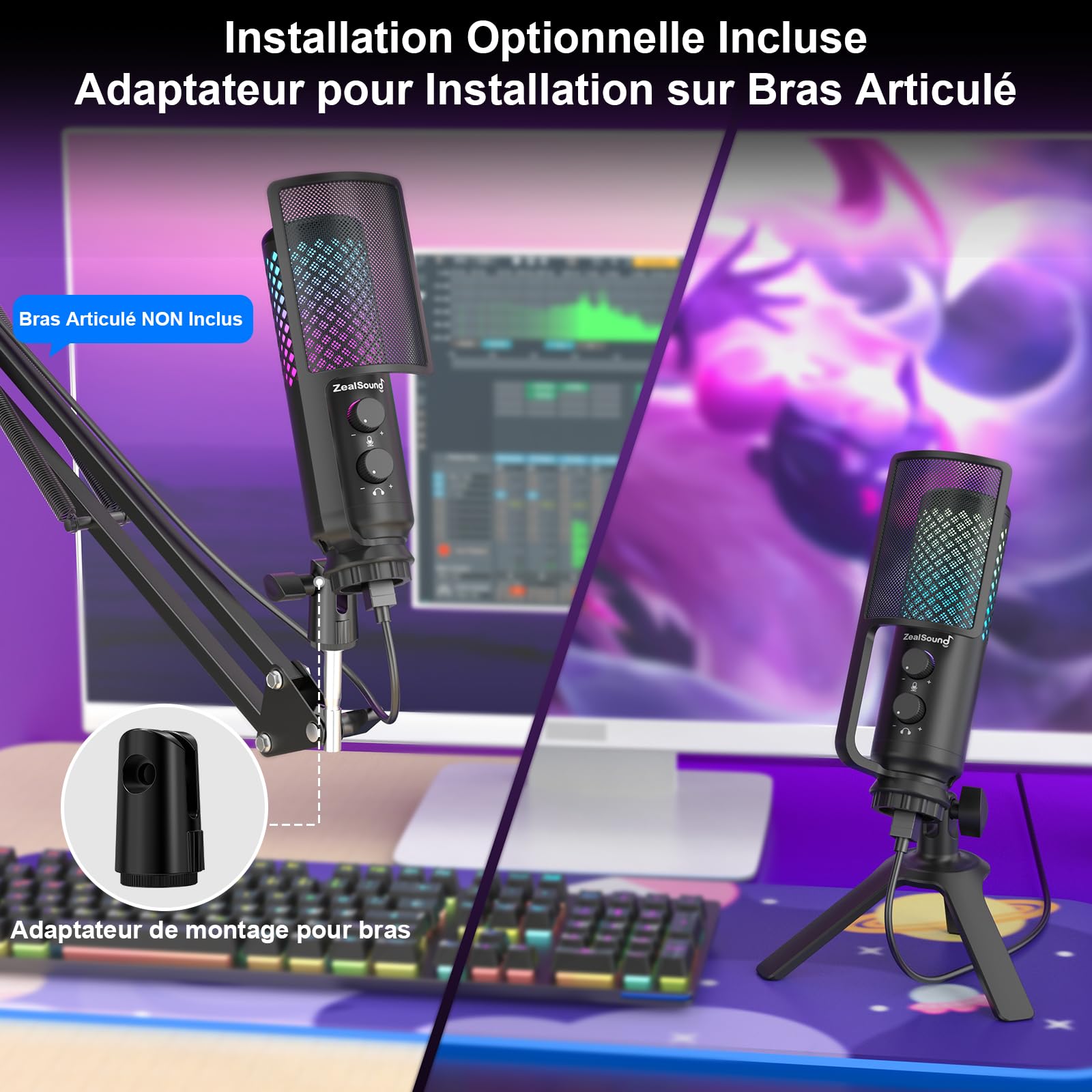 zealsound Micro Gaming PC, 96 kHz Métal USB Microphone à condensateur RGB pour Podcast, Streaming, Enregistrements et Voiceover, Discord, avec Muet et Gain – Plug & Play pour PC Smartphone et PS4/5