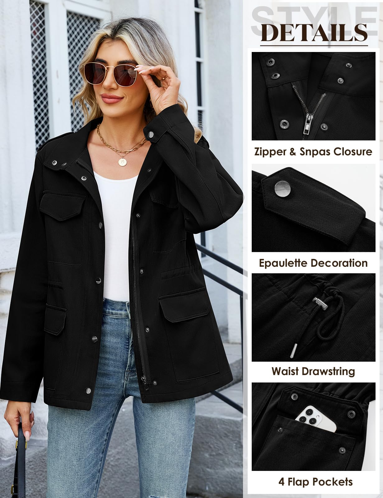 Tuopuda Veste Femme mi Saison Vestes Militaires Légères en Coton Taille haute Cordon Manteau court Parka printemps-été