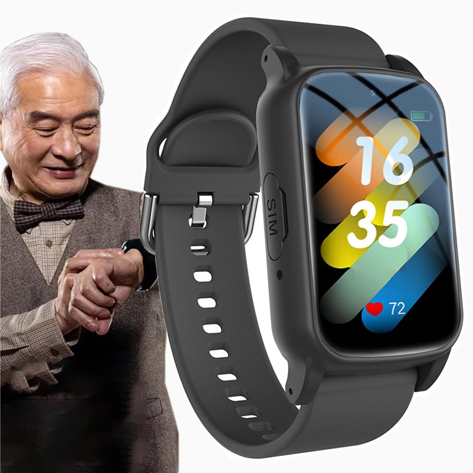 Mothdust Orologio Intelligente per Anziani con Rilevamento Cadute, Bracciale Localizzatore GPS Pulsante Emergenza SOS per Demenza e Alzheimer, Dispositivo di Sicurezza Allarme(Black)
