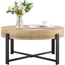 Round Wood Coffee Table Modern Rustic Coffee Tables for Living Room, Circular Wooden Center Tea Table with Metal Legs for Apartment Office Small Space, Natural Wood