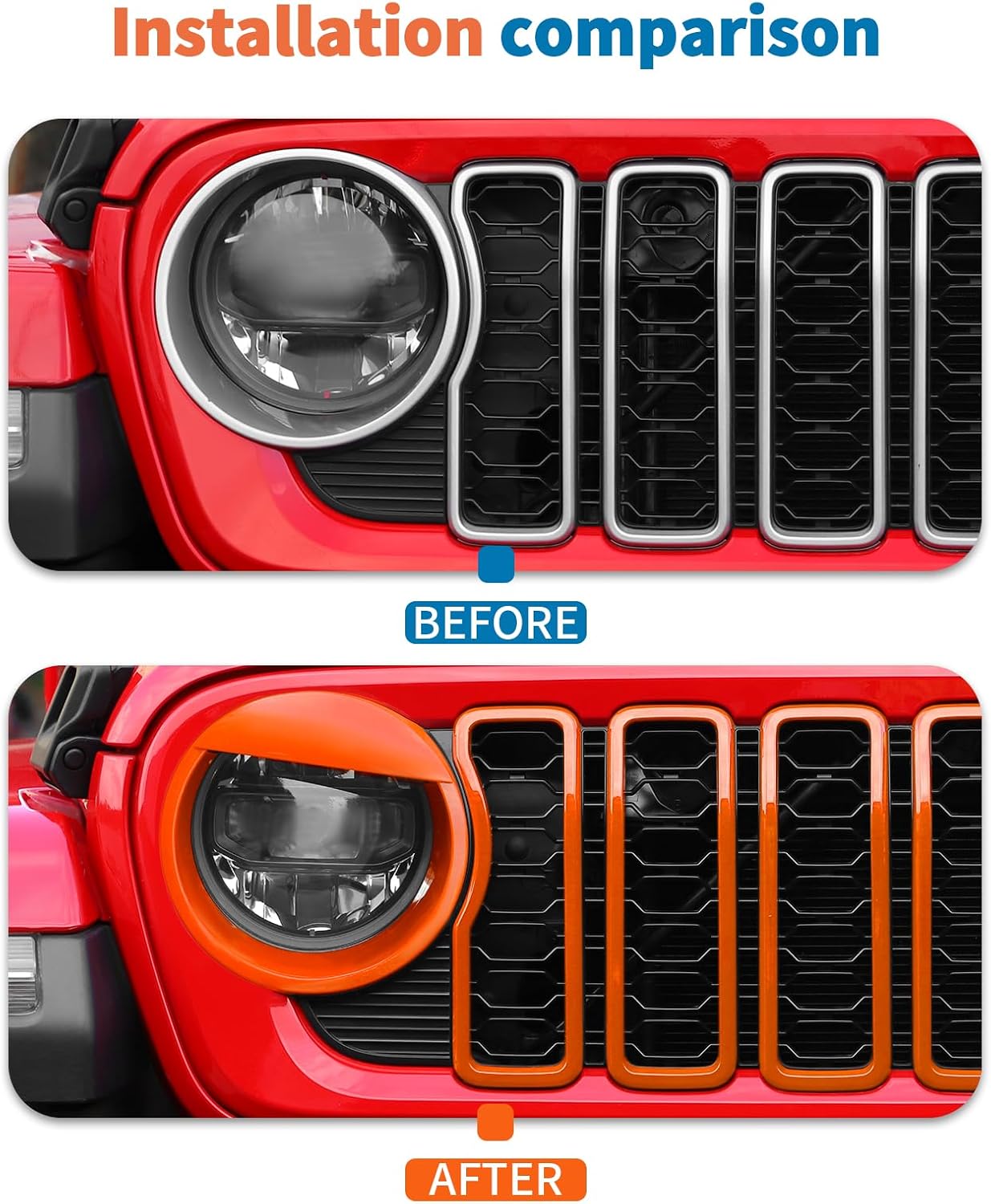 JeCar 9pcs Orange Grill Inserts Headlight Covers Trim Kit for 2024 2025+ Jeep Wrangler JL JLU Gladiator JT image 5