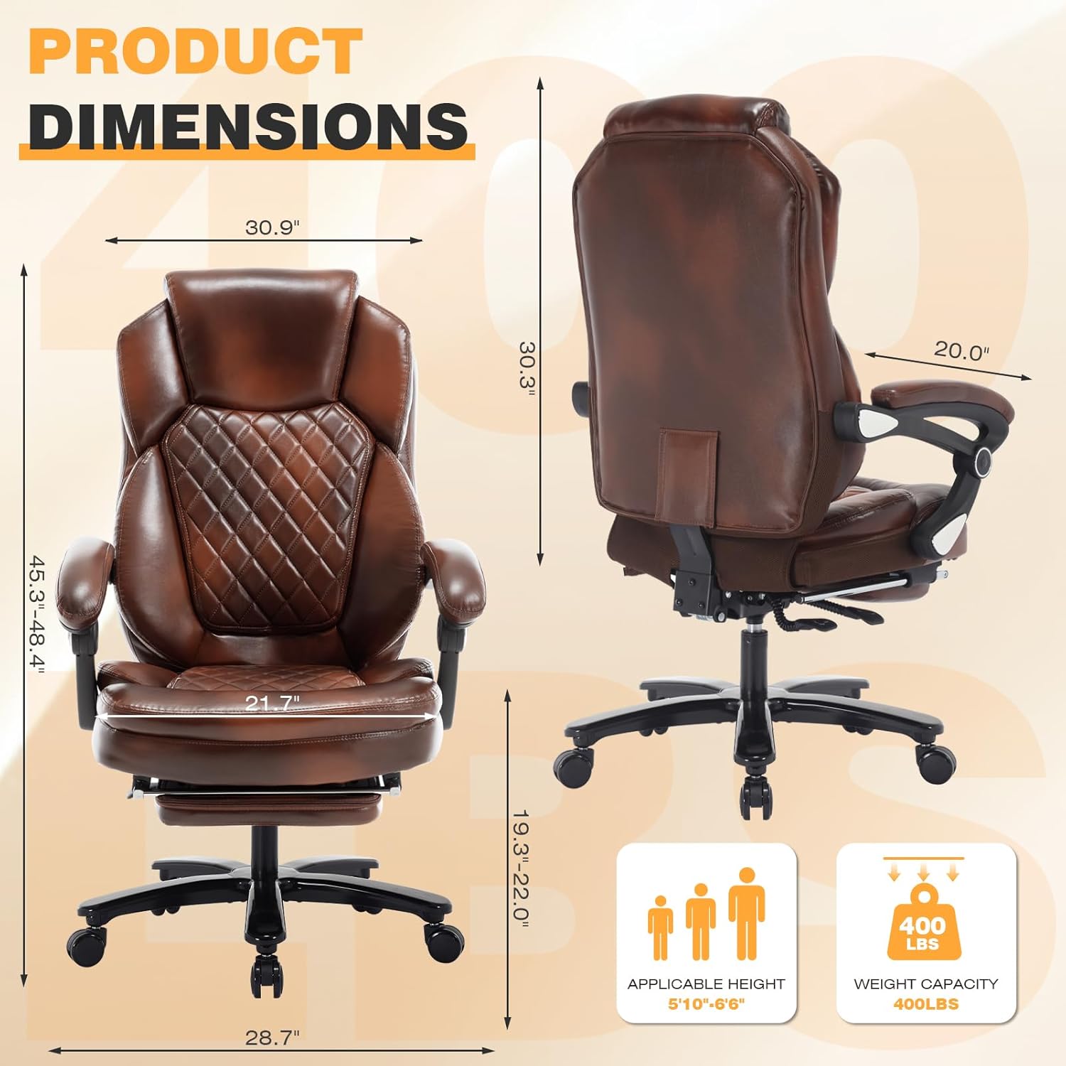 400lbs Reclining Office Chairs with Footrest Big and Tall PU Leather Brown Recliner Executive Desk Chairs, Plus Size Heavy Duty Managerial Executive Office Chair with Wheels