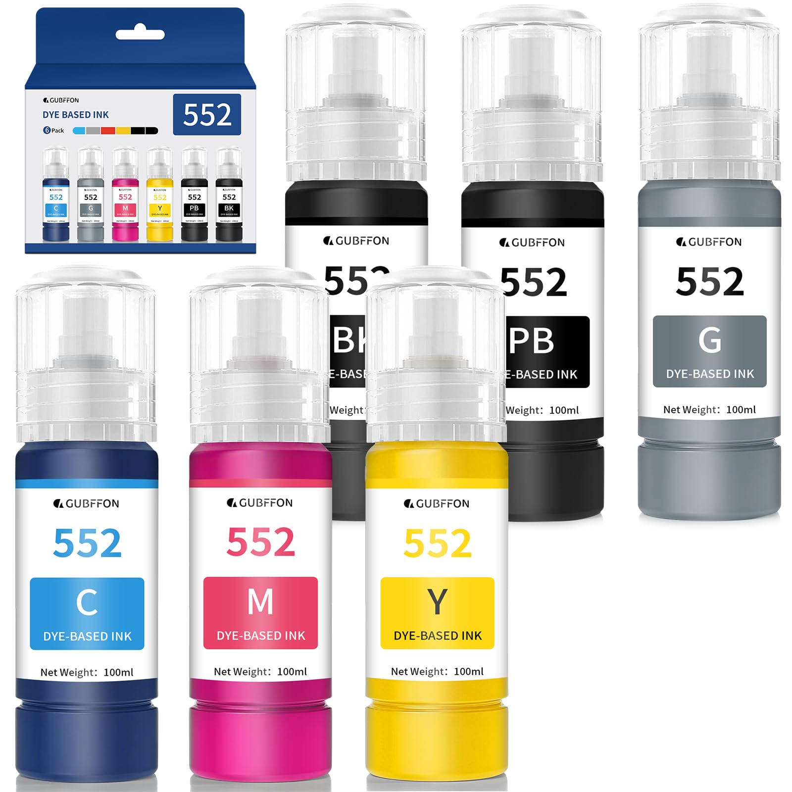 552 Ink 600ml Refill Ink Bottle Replacement for EcoTank Photo ET-8550 ET-8500 Printer High Capacity 6-Pack (Not Sublimation Ink)