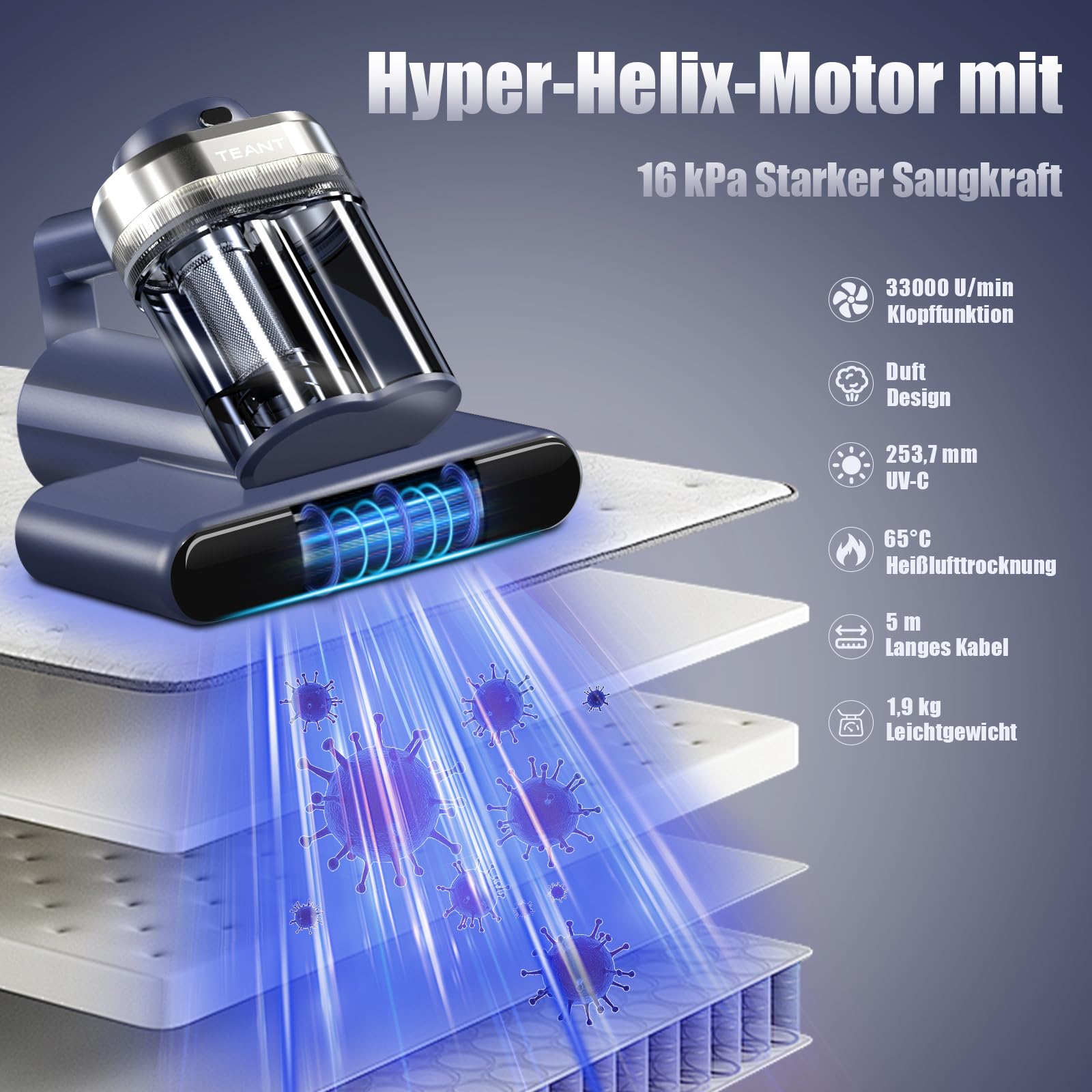 Teant Milbensauger für Matratzen mit UV Licht, 16kPa Matratzensauger mit LED Display, 65℃ Heißluft & HEPA, Ultraschall, Aromatherapie, Dual-Cup Matratzenreiniger für Bett/Teppich/Sofa/Tier/Allergiker
