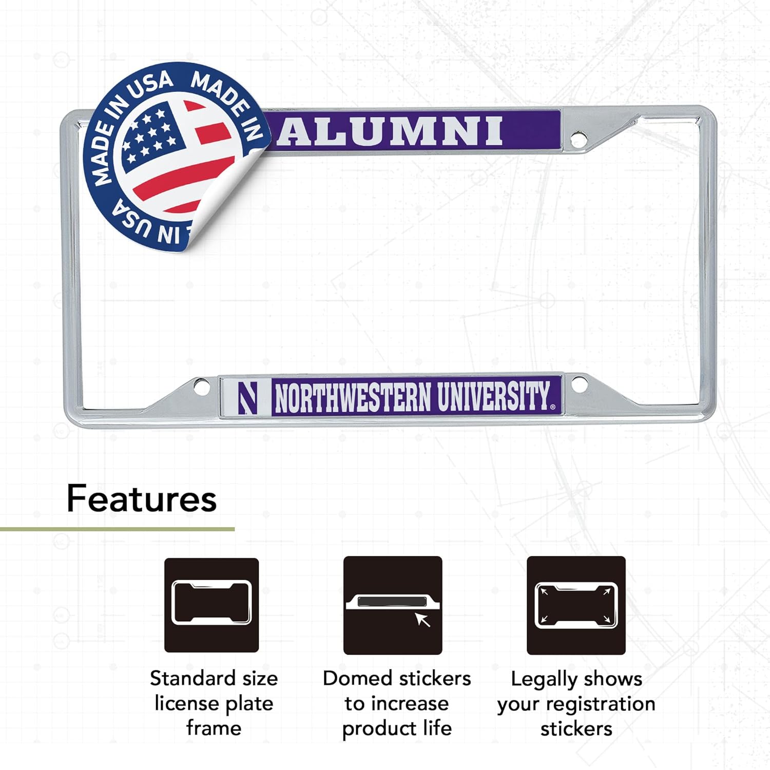Desert Cactus Northwestern University License Plate Frame and Sticker Car Tag Holder for Front or Back of Car Officially Licensed Metal (Sticker Frame Combo - Alumni)