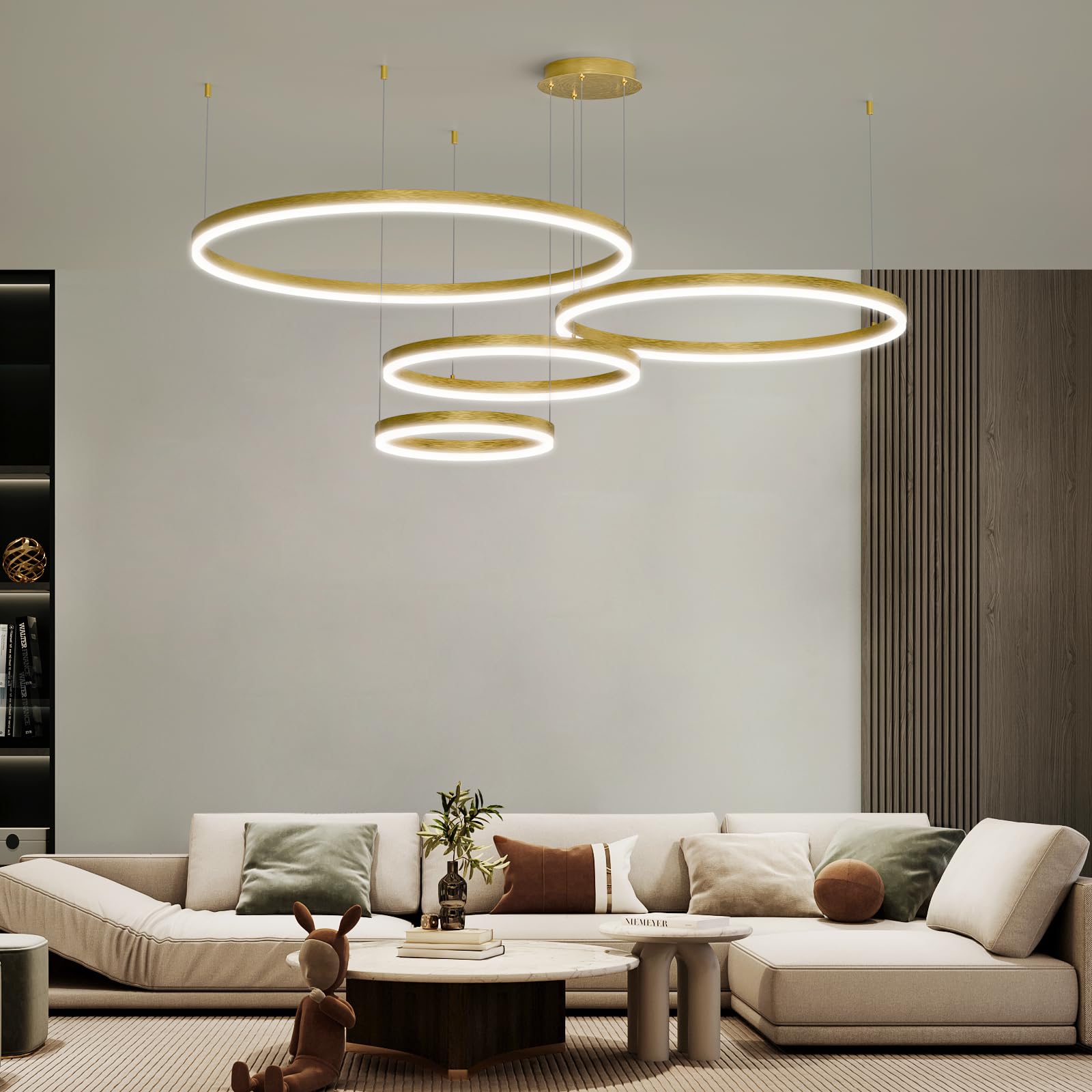 4 Rings Gold Modern LED Chandelier, Circular Dimmable Pendant Lights with Remote Control, Adjustable Hanging Ceiling Lighting Over Table for Living Room, Dining Room, Foyer, Kitchen Island