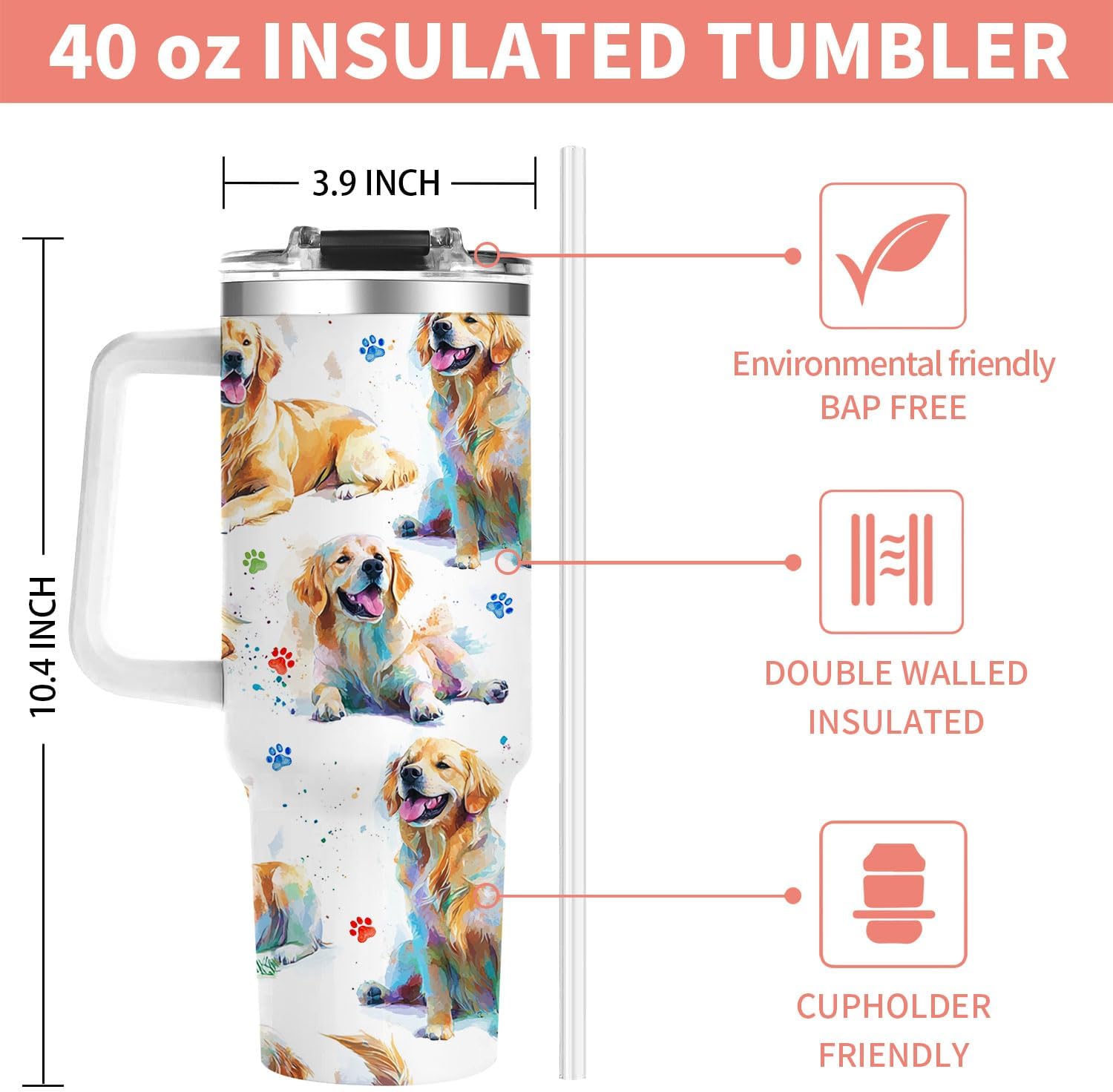 Golden Retriever Gifts for Dog Lovers,40oz Travel Tumbler Gifts for Women - Dog Mom Gift for Dogs Lovers for Mothers Day , Golden Retriever Dogs Gift for Her Birthday, Christmas Thank you Present - Image 5