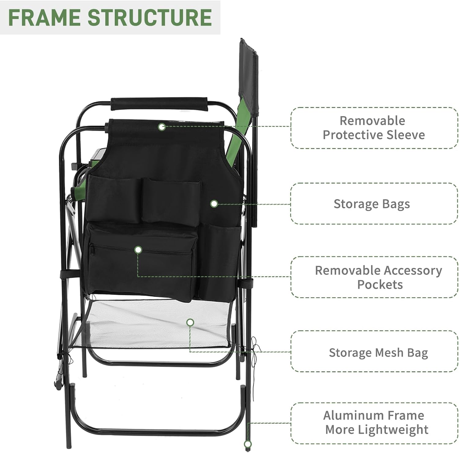 Outvita 26" Tall Directors Chair Height Seat Folding with Side Table Storage Bag, Support for 300Lbs Portable Makeup Artist Chair with Bar Height(Dark Green/Black)