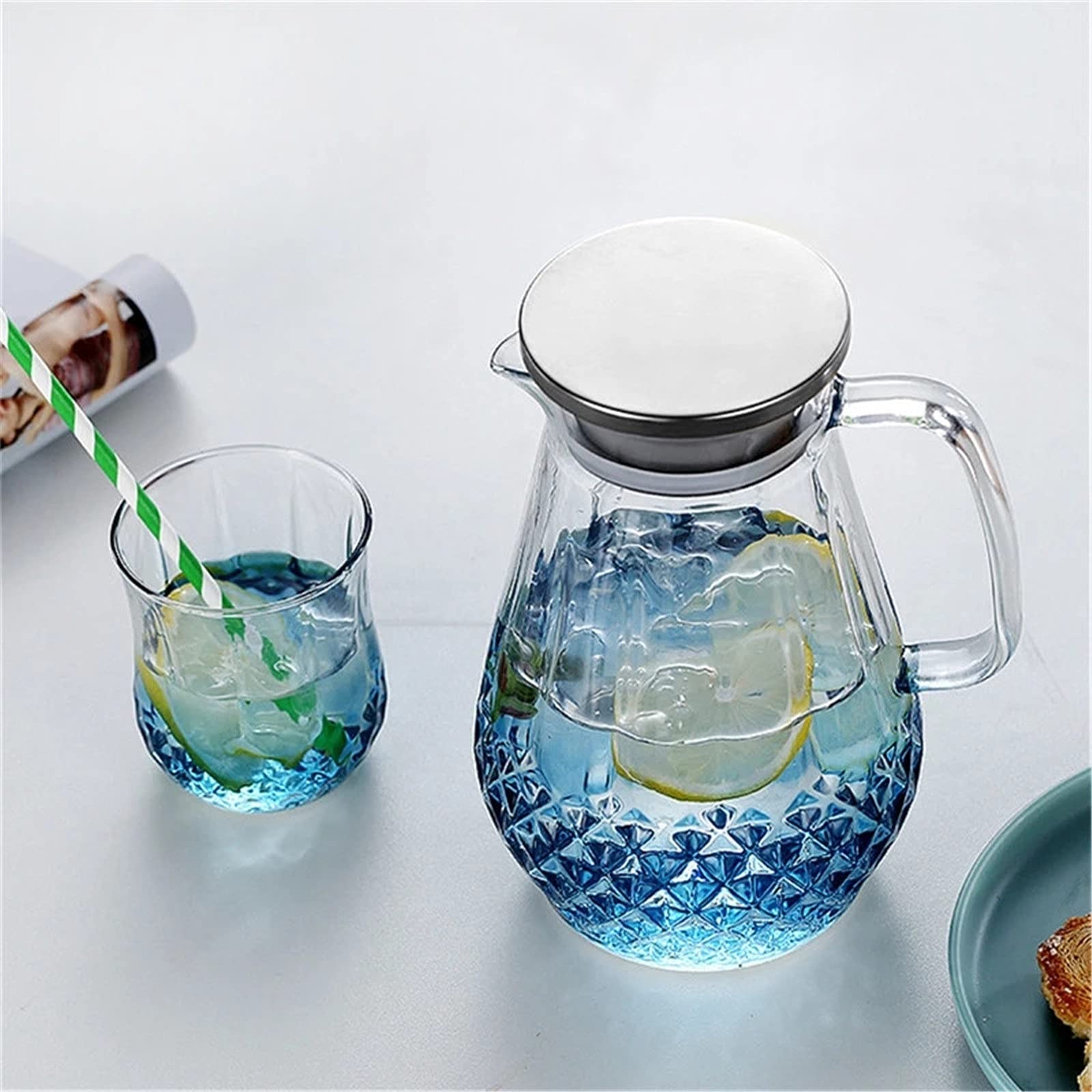 Jarra de Agua Transparente para Nevera, Jarra de Agua, Tetera, Tapa de Acero Inoxidable para Agua, té, Zumo de Frutas, Jarra de Cristal para Limonada y té hela