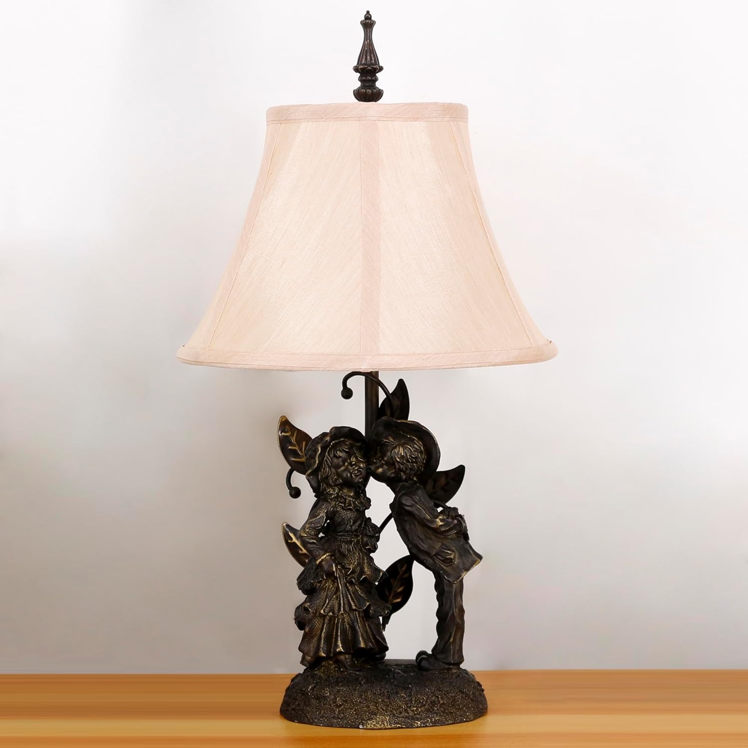 Table Lamp Mid-Century White Fabric Desk Reading Light with Antique Resin Sculpture Metal Leaf Base 21.75 Inch Tall Decor for Living Room Office Bedroom