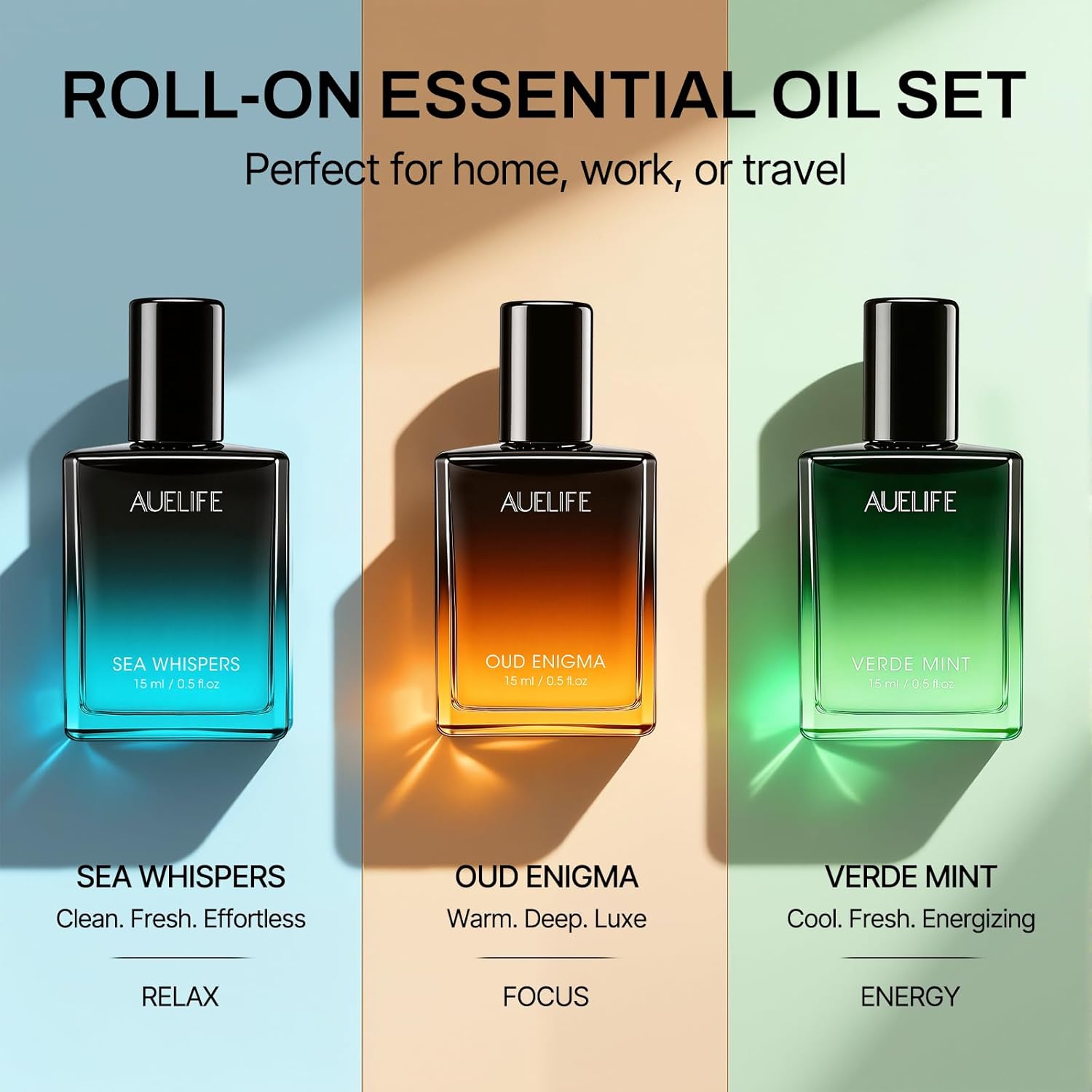 3 x 15ml Roll-On Essential Oil Set, Mens Fragrance Rollerball Oils Gift Set for Him, Men's Aroma Gift Set for Work, Travel & Daily Use, Scent of Peppermint, Sandalwood & Oud for Focus, Energy & Relax