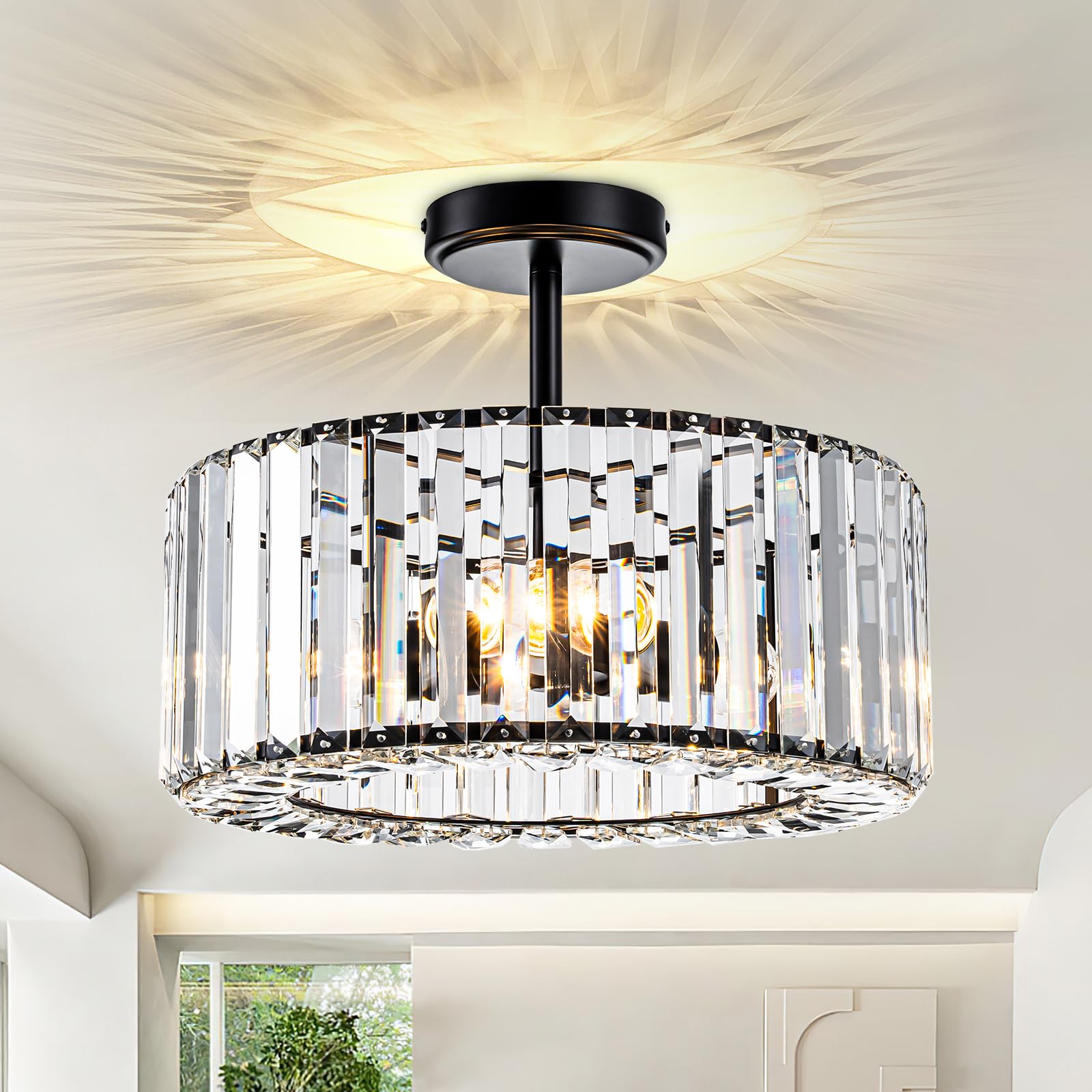 FORCOSO Ceiling Light 3 Lights 37cm,G45-E27 Crystal Chandelier Black