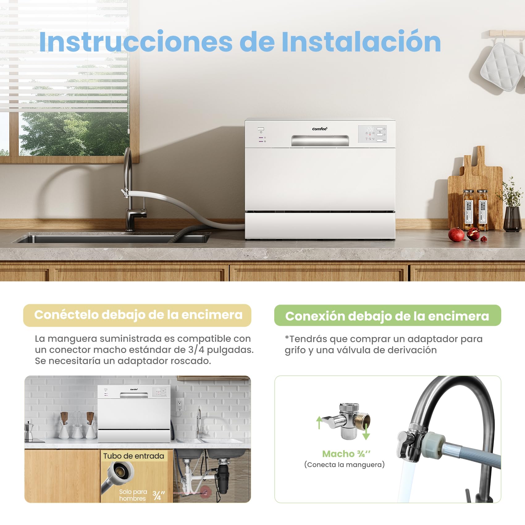 COMFEE' CDWMT0602EWD-EU Lavavajillas Compacto, 6 Cubiertos,6 Programas | Ciclo Intensivo 70°C, Inicio Diferido 24H, Apertura Automática, 47dB Silencioso, Clase D, Pantalla LED, Blanco