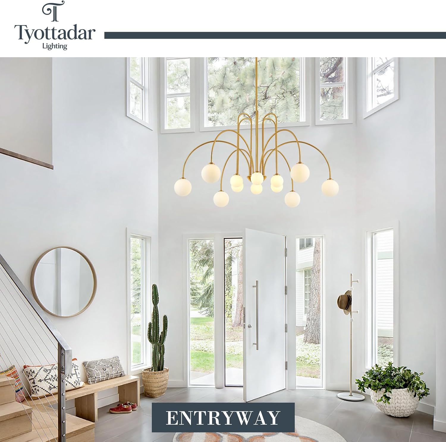 L52’’ Gold Sputnik Chandelier 12-Light Large Modern Gold Chandelier with Milk Glass Globe Shades Luxury Mid Century Chandelier for High Ceiling Foyer Staircase Living Room