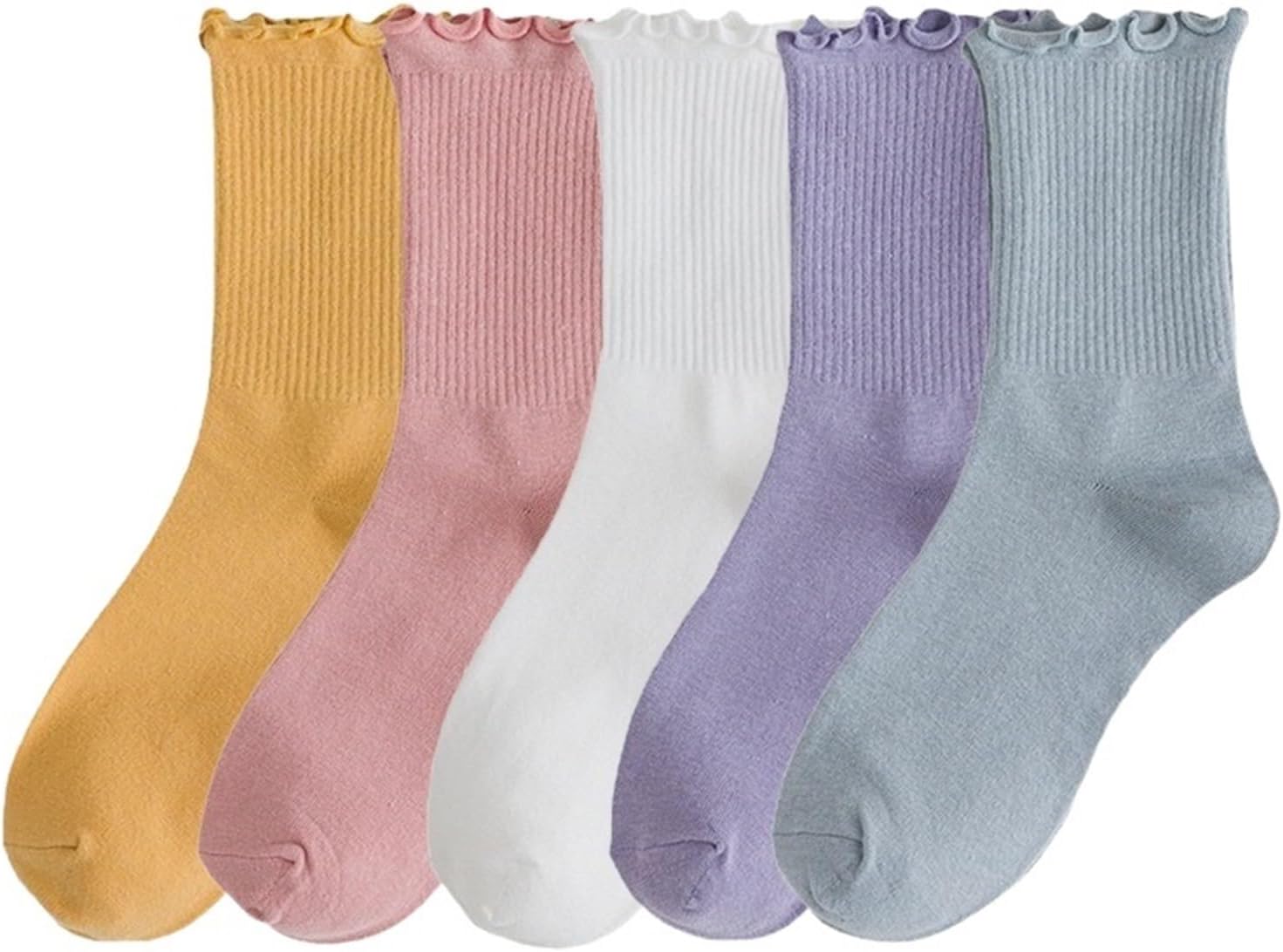 TRENIS 5 Pairs Long Socks Women Polyester Knitting Solid Color Stockings Breathable Mid Tube Cute Sock Autumn Winter